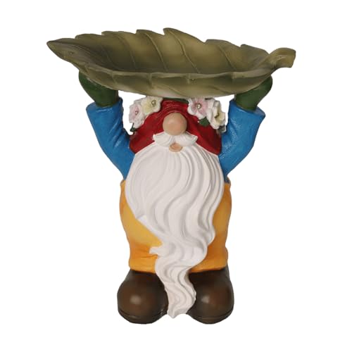 ZASEUCI Decorative Gnome Bird Feeder with Resin Leaf-Shaped Dish - Heavy-Duty Garden Gnome Outdoor Decor, Weatherproof Lawn Ornament for Attracting Birds to Yard, Patio or Porch - Unique Garden Gift