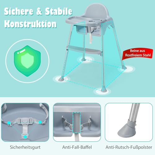 COSTWAY 4 in 1 Babyhochstuhl aus PP & Edelstahl, Hochstuhl umwandelbar mit abnehmbarem Doppeltablett, 3-Punkt-Sicherheitsgurt, Babystuhl Kombihochstuhl für 6-36 Monaten Baby (Grau)