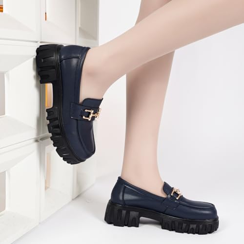 Image of Maichal Platform Loafers for Women Slip On Chunky Heel Lug Sole Shoes Business Work Dressy Loafers with Chain