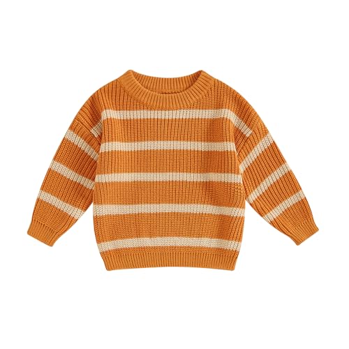 Motlapol Toddler Baby Boy Girl Sweater Long Sleeve Crewneck Color Block Chunky Knit Shirt Infant Cute Fall Winter Warm Top (Orange Striped, 2-3 Years)