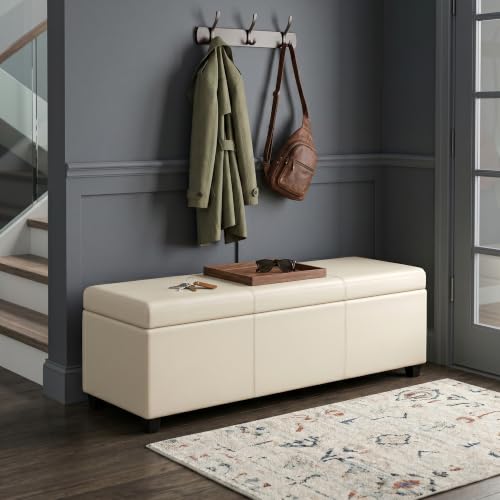 Image of SIMPLIHOME Avalon 54 inch Wide Vegan Leather Storage Ottoman in Satin Cream