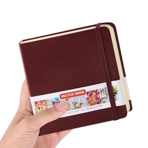 Image of 5x5 Pocket Sketch Book,80gsm Hardcover Art Sketchbook for Drawing Journal | PU Cover,Blank Paper,96Sheets /192Pages,Lay-Flat,Portable Travel Creation Paint Diary Memo Planner,Dry Media.Dark Red