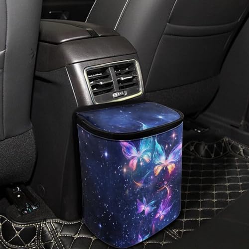 Image of Galaxy Butterfly Car Trash Can with Lid,Butterfly Car Interior Set Zipper Auto Garbage Hanging Leak Proof Vehicle Trash Bin Rubbish Storage Bag for Most Vehicle Back /Front Seat /Console