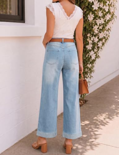 BISUAL Stretchy Wide Leg Jeans for Women Rhinestone Cropped Denim Pants — view 2