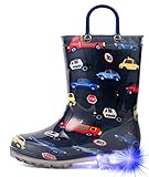 HugRain Toddler Boys Rain Boots Baby Little Kids Light Up Printed Waterproof Shoes Lightweight Rubber Adorable Fire Police Car with Easy-On Handles Non Slip(Size 5,Blue)