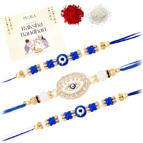 Image of Peora Evil Eye & Crystals Studded Rakhi for Brother Bhaiya | Red Thread | Raksha Bandhan Hamper with Roli Chawal Greeting Card