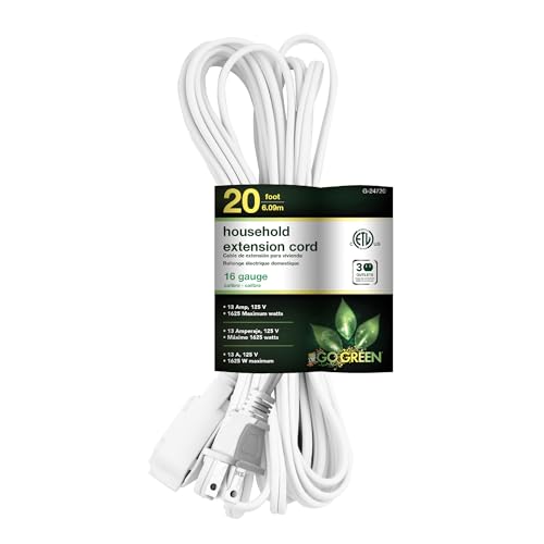 Go Green Power 20ft White Extension Cord 3 Outlets 16/2 Gauge Indoor Use Child-Safe Covers UL Listed for Home & Office Electronics