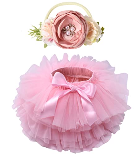 Image of Baby Girls Tutu Bloomers Diaper Cover Cotton Tulle Bloomers and Headband Set