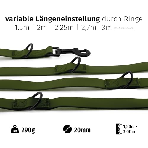 Floxik PVC Hundeleine 3m Grün | 4 Längen verstellbare Führleine für mittlere & große Hunde | Schmutz- & Wasserfest | Ideale Umhängeleine für das nächste Abenteuer mit deinem Liebling