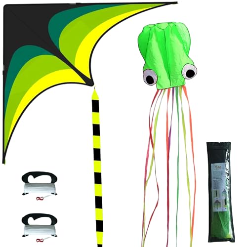 2P Kites,Large Green Kite and Mollusc Octopus with Long Tail, Big Kite for Beginners Outdoor Game,Beach Trip Great Gift to Kids Childhood Precious Memories (Kites-Green)