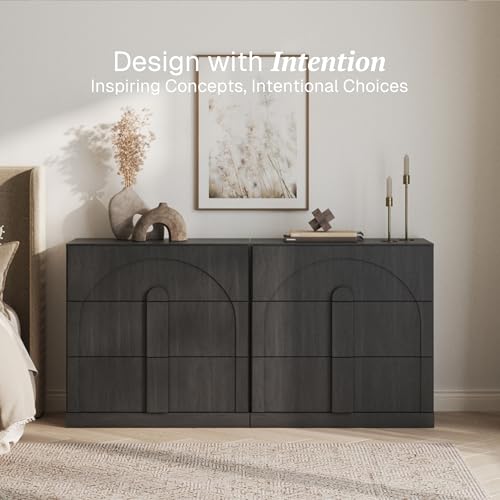 Image of BELLEZE Sideboard Cabinet with 3 Drawers, Set of 2 Modern Wood Buffet Cabinet with Arc Design, Large Fluted Sideboard with Storage for Kitchen Living Room Entryway, Ebony