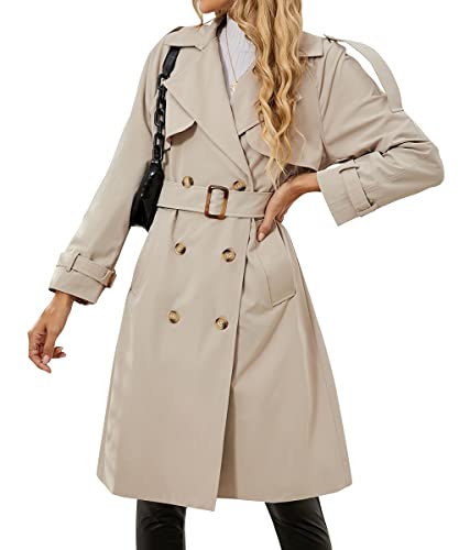 Fangetey Women's Double Breasted Classic Long Trench Coat Lapel Slim Casual Waterproof Overcoat With Belt Beige Medium #TOP1