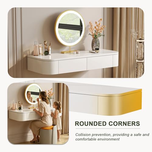 Image of Floating Makeup Vanity Table with 2 Side-Open Storage Doors, Space-Saving Dressing Table with Drawers, Wall Mounted Floating Desk with Rounded Corners for Small Space Bedroom (White, 39.3in)