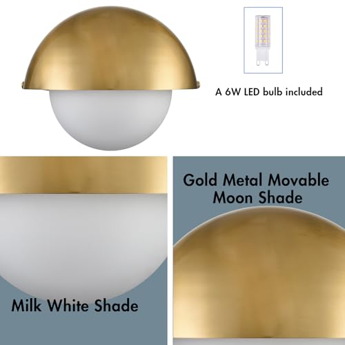 Image of YUBOLE Mid Century Wall Sconce Modern Gold Bathroom Vanity Light Over Mirror with Adjustable Metal Shade and Milky Glass Globe G9 Based Indoor Wall Lamp Wall Mounted Sconce