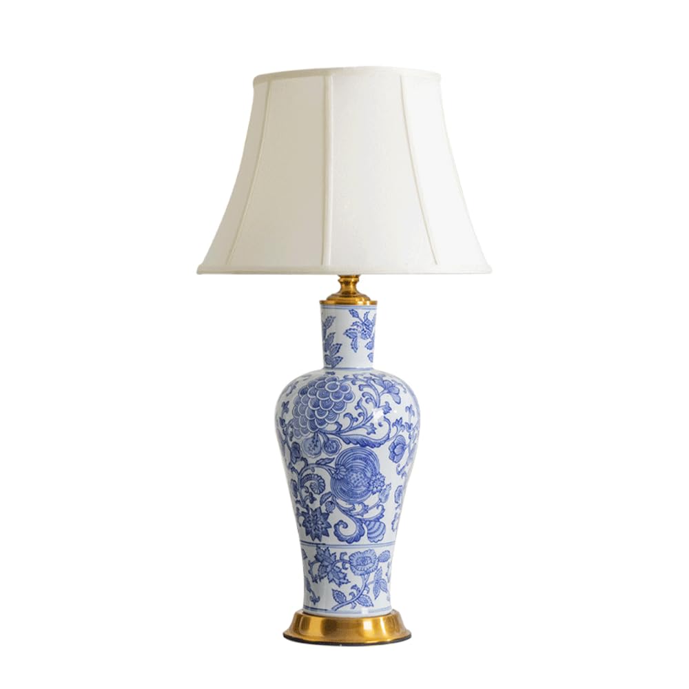 SANBDDLYY Elegant Blue and White Hand-Painted Ceramic Table Lamp - American Style Bedside Lighting for Living Room and Bedroom