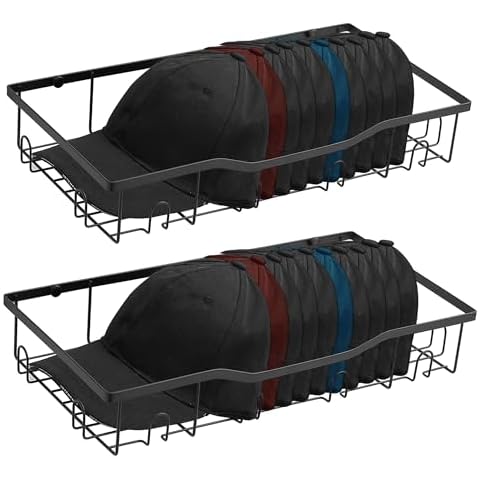 sagetta 2 Pack Hat Organizer for Baseball Caps Wall Mount Steel Hat Shelf Organizer Hat Racks Fit for Adult and Kids Baseball Caps with 8 Hooks 2 Tiers, Black Cover