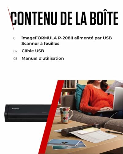 Canon imageFORMULA P-208II Scanner Portable, USB, Recto Verso, pour Maison, Bureau ou déplacements, Chargeur Automatique de Documents 10 Pages, sans Pilote, Logiciel CaptureOnTouch Lite de Canon