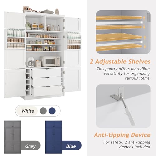 Image of Ball & Cast 80″Tall Freestanding Kitchen Pantry Cabinet with 2 Power Outlets & 3 Large Drawers,41 inch W Versatile Farmhouse Pantry Storage Cabinet w /Adjustable Shelves and Door Shelves,for Kitchen