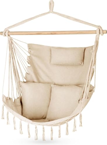 Outtec Hängesessel mit Kissen 100x130x75cm – bis 150 kg - Outdoor Sessel mit Kissen - Sitzsack zum Hängen Schaukel Für Garten und Zimmer – Boho – Fransen Brasilianischer Stuhl - Beige Outtec Hängesessel mit Kissen 100x130x75cm – bis 150 kg - Outdoor Sessel mit Kissen - Sitzsack zum Hängen Schaukel Für Garten und Zimmer – Boho – Fransen Brasilianischer Stuhl - Beige