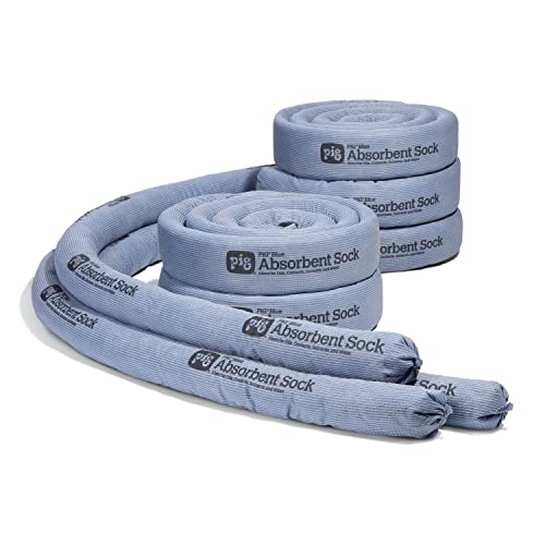 New Pig PIG Blue Absorbent Socks – Industrial Spill Control, 56 L, Pack of 8, Blue Polypropylene Skin, Absorbs Oils, Coolants, Solvents & Water