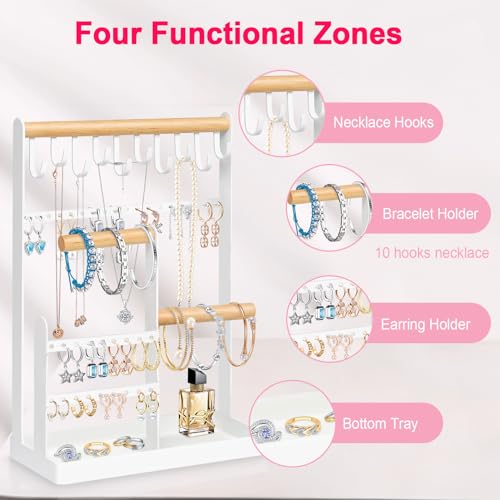 OUTUO Jewelry Holder Organizer, 5-Tier Tower Rack with 10 Hooks Necklace Organizer and Earring Tray/Holes for Necklaces Rings Earrings Watches Bracelets, Suitable Gifts for Women