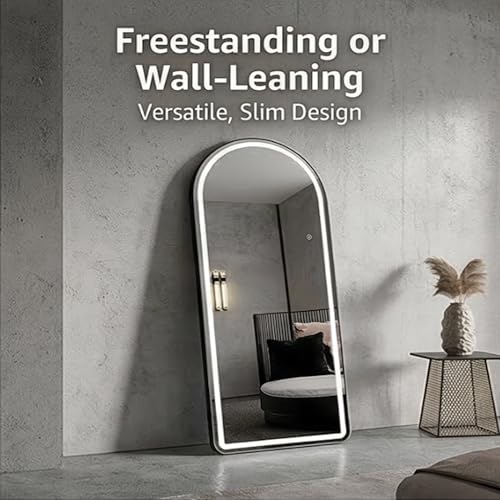 Image of The Artment Black Halo Arch LED Full-Length Unbreakable Mirror,Modern Floor Mirror with Touch Sensor,Dimmable Lighting,Slim Metal Frame, Freestanding or Wall-Leaning (160 x 50 CM)