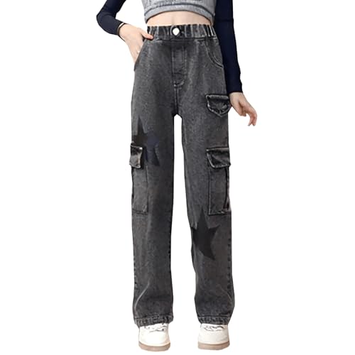 Baggy Cargo Jeans for Toddler Girls Elastic Waist Flap Pocket Star Y2k Straight Leg Pull On Denim Pants Kids 4-8 Y