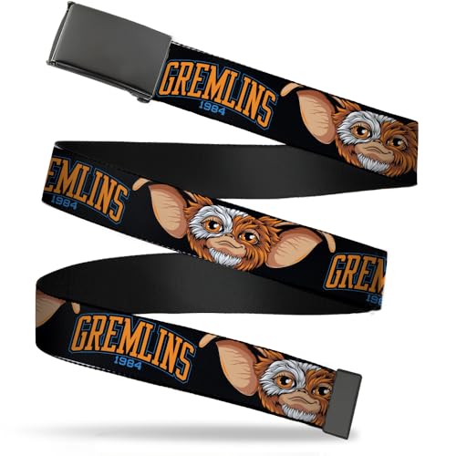 Buckle-Down Warner Bros. Horror Movies Belt, Flip Web Belt Gremlins 1984 Gizmo Face Close Up Black, 1.25 Inch Wide, Fits up to Size 42