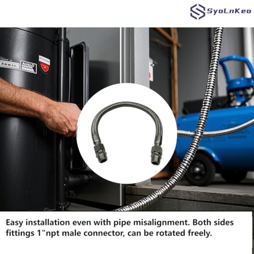 Industrial-Grade Stainless Steel 1" Compressor Jumper Hose, 1" NPT Male x 20"Length,750&deg;F，450 PSI,Both Sides Fittings Rotate Freely