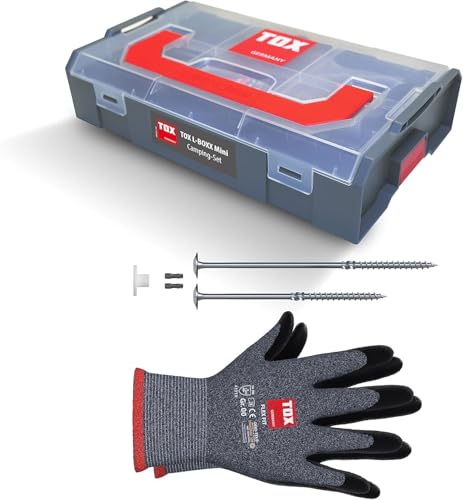 TOX L-BOXX Mini Camping-Set mit 18x Zeltschrauben (8x160 + 8x220mm) + passende Unterlegscheiben M, 1 Paar Montagehandschuhe + 2X Bit TX40, Sicherung von Zelten in div. Untergründen, 39 TLG., 094901511