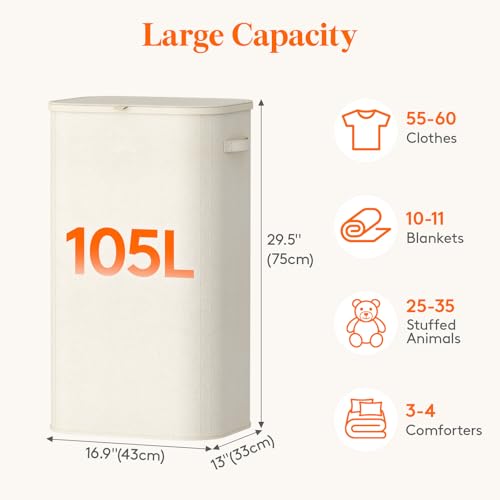 Image of Lifewit 105L Large Laundry Basket with Lid, Laundry Hamper with Plastic Handles and Removable Bag, Foldable Tall Dirty Clothes Hampers for Laundry for Laundry Room, Bedroom, Bathroom, Dorm, White