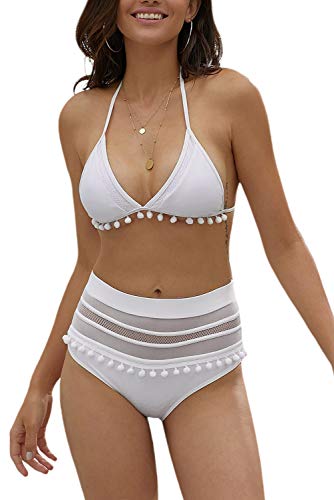Angerella White Swimsuits for Women High Waisted Bathing Suit Halter Swimwear,XL