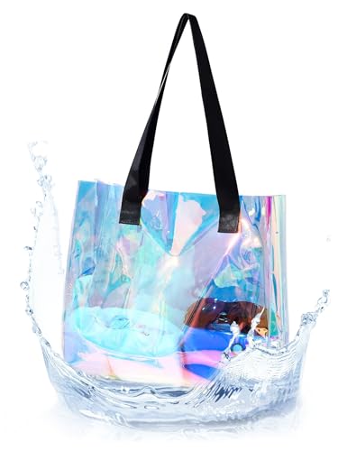 Woeoe Holographic Clear Tote Bag Large Iridescent Shoulder Handbags for Waterproof Sandproof Beach Party Favor Bags