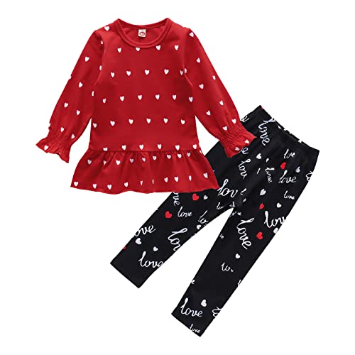 CM C&M WODRO Baby Girl Clothes Valentines Day Toddler Outfit Love Shirt Ruffle Long Sleeve Sweatshirts Top Pants Legging Set 1-5T (Red, 3-4T)