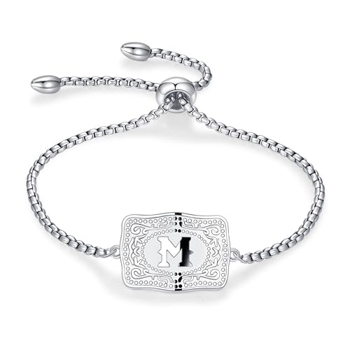 Kwkppz Belt Buckle Initial Bracelet for Women, 18K Gold/Silver Plated Belt Buckle Initial A-Z Bracelet, Unique Western Style Jewelry Gifts for Women Men (M)