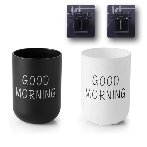 sonlpe Deux Coupelets Brosse à Dent, Inscription Noirepot Brosse à Dent Salle de Bain, 100% PP Gobelet Salle de Bain, Livré avec Deux Porte Brosses à Dents à Ventouse Noirs