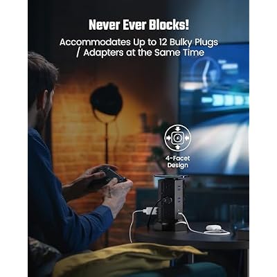 Tower Power Strip with 15W Wireless Charger, SUPERDANNY 1050J Surge Protector Tower 13A Charging Station with 12 AC Outlets & 6 USB Ports (2 USB C), 6.5ft Black Extension Cord for Dorm Essentials