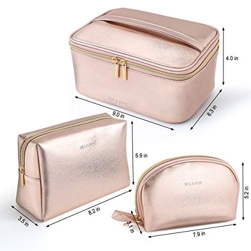 MAANGE 3 Pcs Makeup Bag Portable Travel Cosmetic Bag Large Makeup Bag Organizer with Gold Zipper Waterproof Toiletry Bags for Women and Girls(Rose Gold)3
