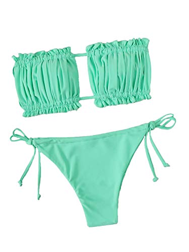 Floerns Women s Tie Back Ruched Bandeau with Cheeky Thong Bikini Bathing Suit A Green M