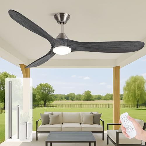 Image of 52 inch Ceiling Fan with Light, Outdoor Ceiling Fans for Patios 3 Blade Dimmable Solid Wood Ceiling Fan with Lights, Farmhouse Propeller Ceiling Fans for Indoor, Porch, Exterior, DC Motor