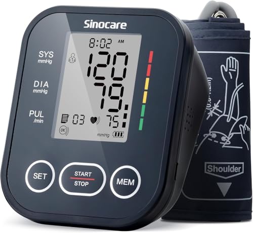 Sinocare Blutdruckmessgerät Oberarm - Klinisch validiert, 2x99 Speicher für 2 Nutzer, Ein-Knopf-Bedienung, XL-Manschette (22-42 cm)