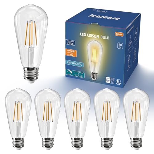 Image of Jensense Edison Bulbs E26 LED Bulb 60 Watt Equivalent, Vintage LED Light Bulbs CRI90+ ST19, Dimmable Clear Light Bulbs (2700k Warm White, 8watt-6 Pack)