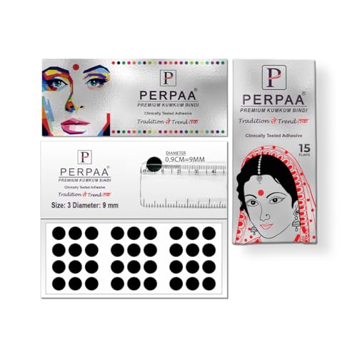 Image of PERPAA Premium Velvet Sticker Kumkum Bindi Box of 15 Flaps - Pottu for Women,Ladies, Girls (Size 3, Diameter 9mm, Black)