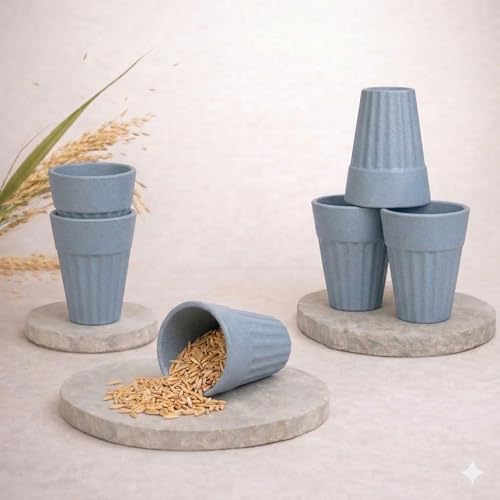 Image of HuskMade Eco-Friendly Tea Cup Set of 6 | Kulhad Style Coffee & Tea Mugs | 140 ml Unbreakable, Stain-Free, Heat Resistant, Reusable, Microwave Safe | Rice Husk & Bamboo Fibre | Light Blue