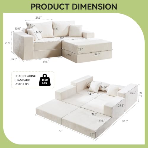 Image of 79 inch Boneless Cloud Loveseat Sofa Couch, Modular Foldable Floor Sofa with Ottoman, Chenille Lounge Convertible Sofa Bed for Living Room, No Assembly, Beige