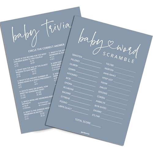 Baby Shower Games Boy - Baby Trivia and Word Scramble Game, 50 Double-Sided Cards (Blue)