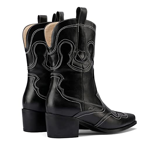 Image of Womens Embroidered Cowgirl Boots Pull On Cowboy Boots for Women Floral Low Chunky Heel Western Boots