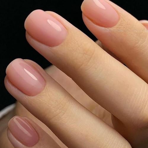 GLAMERMAID Extra Short Press on Nails, Nude Pink Fake Nails Short Squoval, Natural Round Square Glue on Nails Glossy Gel, Acrylic Metal Nail Kits for Women, Reusable Stick on Full Cover Nails
