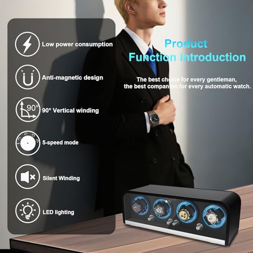 Watch Winder for Automatic Watches, Watch Winders 1/2/4/8 Slot for Rolex, Winder Box Uses Super Quiet Motor, 4 Rotation Mode Setting & LED Light, Gift for Man2