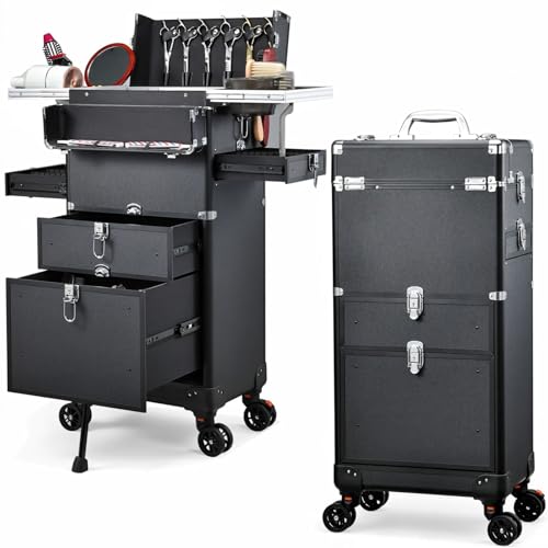 Yueieoun Salon Cart with 4 Drawers Hair Stylist Cart with Wheels Portable Salon Station with Worktop Tray Rolling Makeup Train Case Cosmetology Case for Barbering or Hairstyling Service